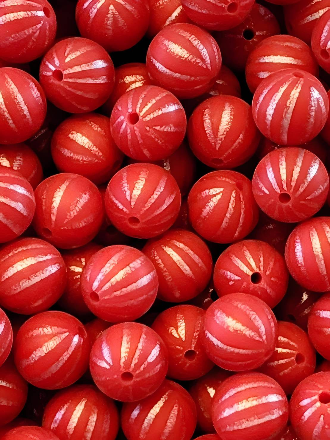 15mm Red & Silver Stripe Silicone Beads