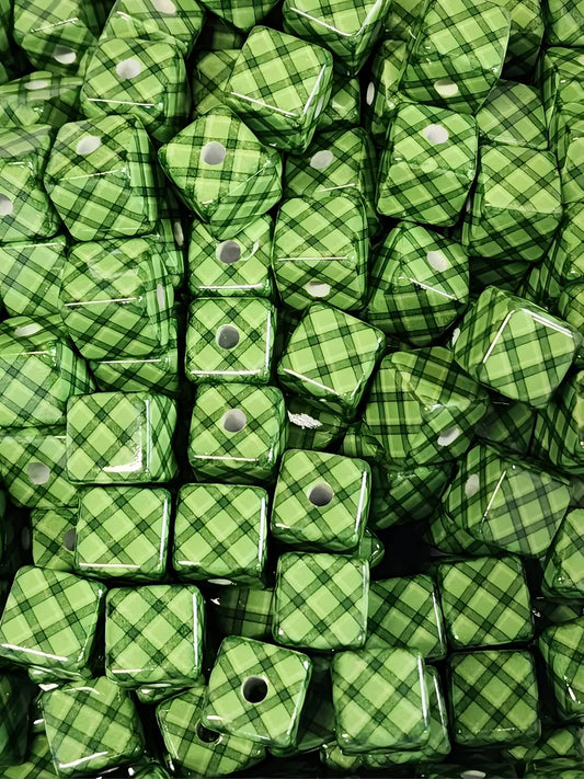 Green Plaid Square 16mm Beads (Acrylic Beads)