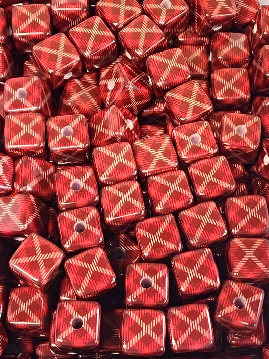 Red Plaid Square 16mm Beads (Acrylic Beads)